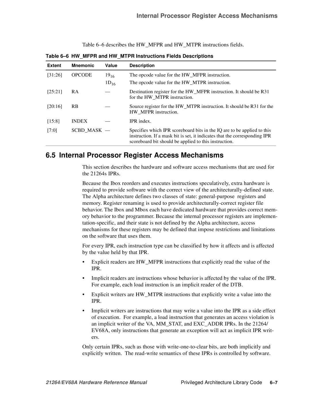 Compaq EV68A Internal Processor Register Access Mechanisms, 6describes the Hwmfpr and Hwmtpr instructions fields 