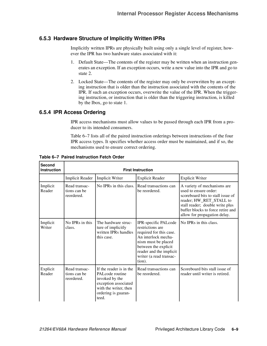 Compaq EV68A Hardware Structure of Implicitly Written IPRs, IPR Access Ordering, Paired Instruction Fetch Order 