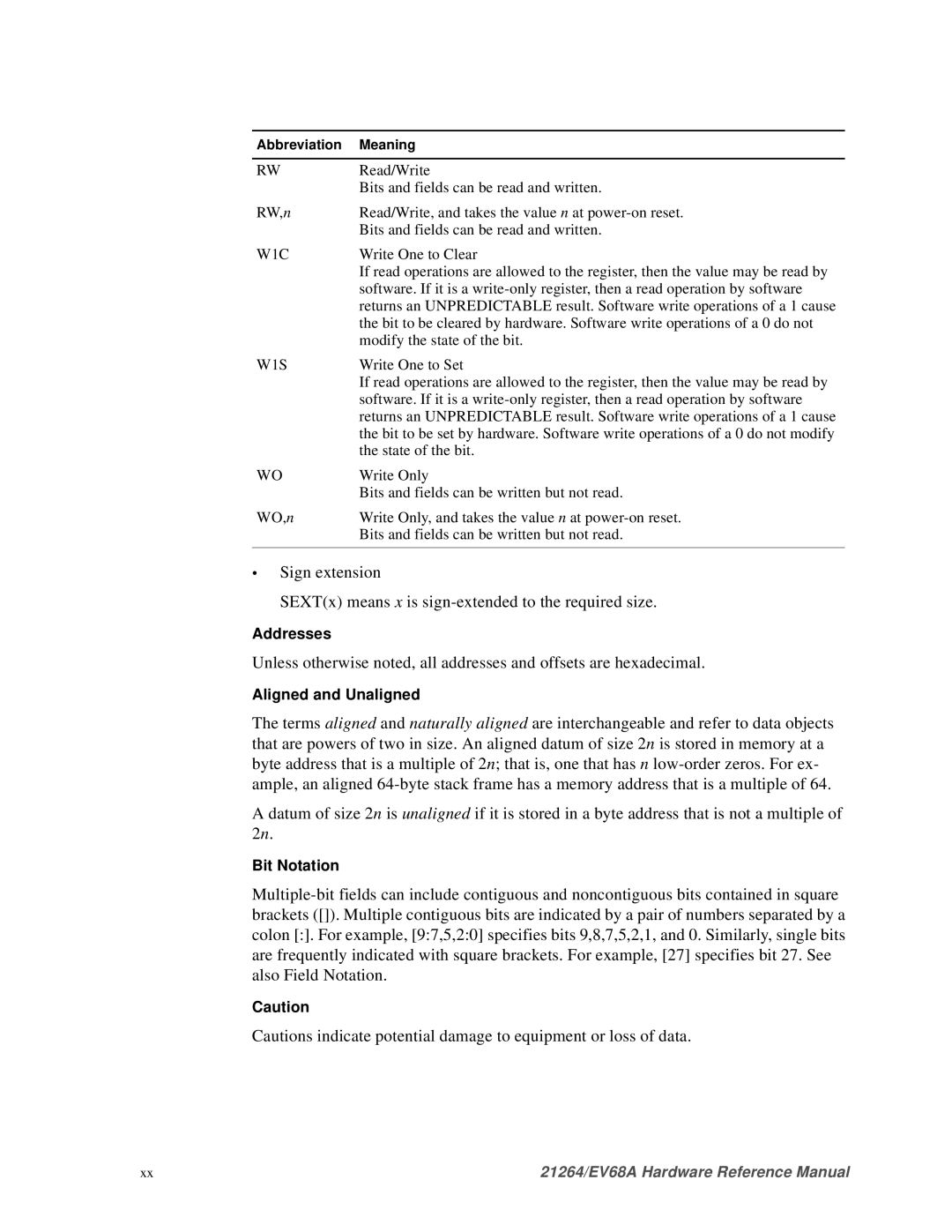 Compaq EV68A specifications W1C, W1S, Addresses, Aligned and Unaligned, Bit Notation 