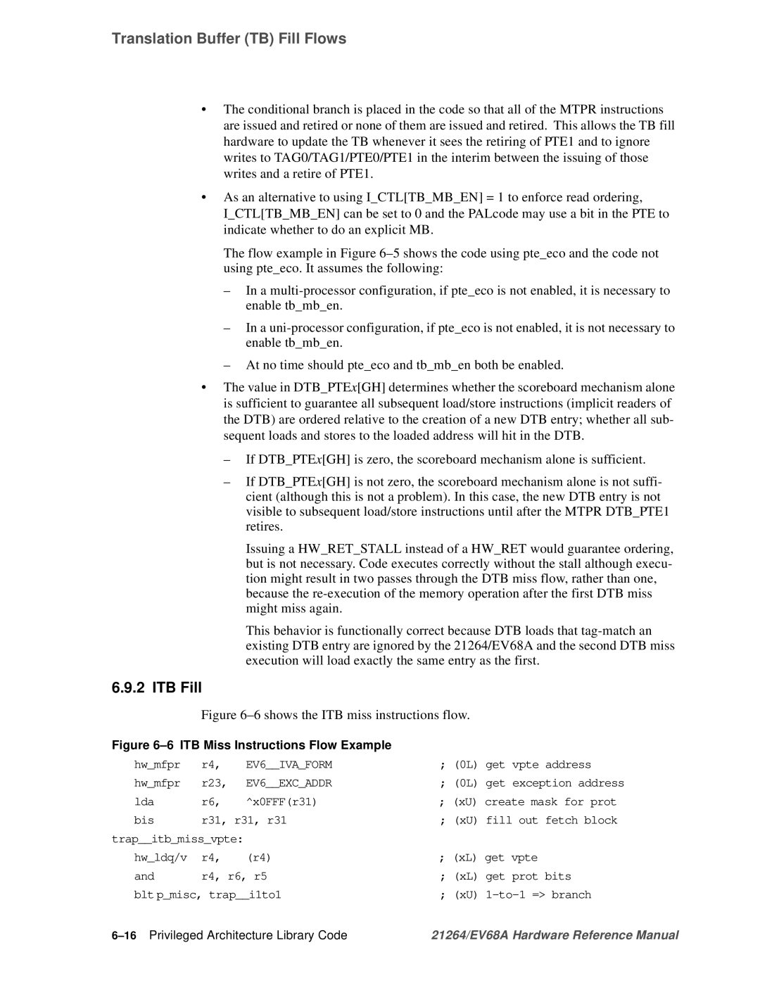 Compaq EV68A specifications ITB Fill, 16Privileged Architecture Library Code 