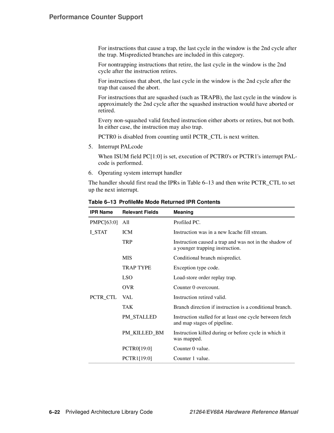 Compaq EV68A specifications ProfileMe Mode Returned IPR Contents, 22Privileged Architecture Library Code 