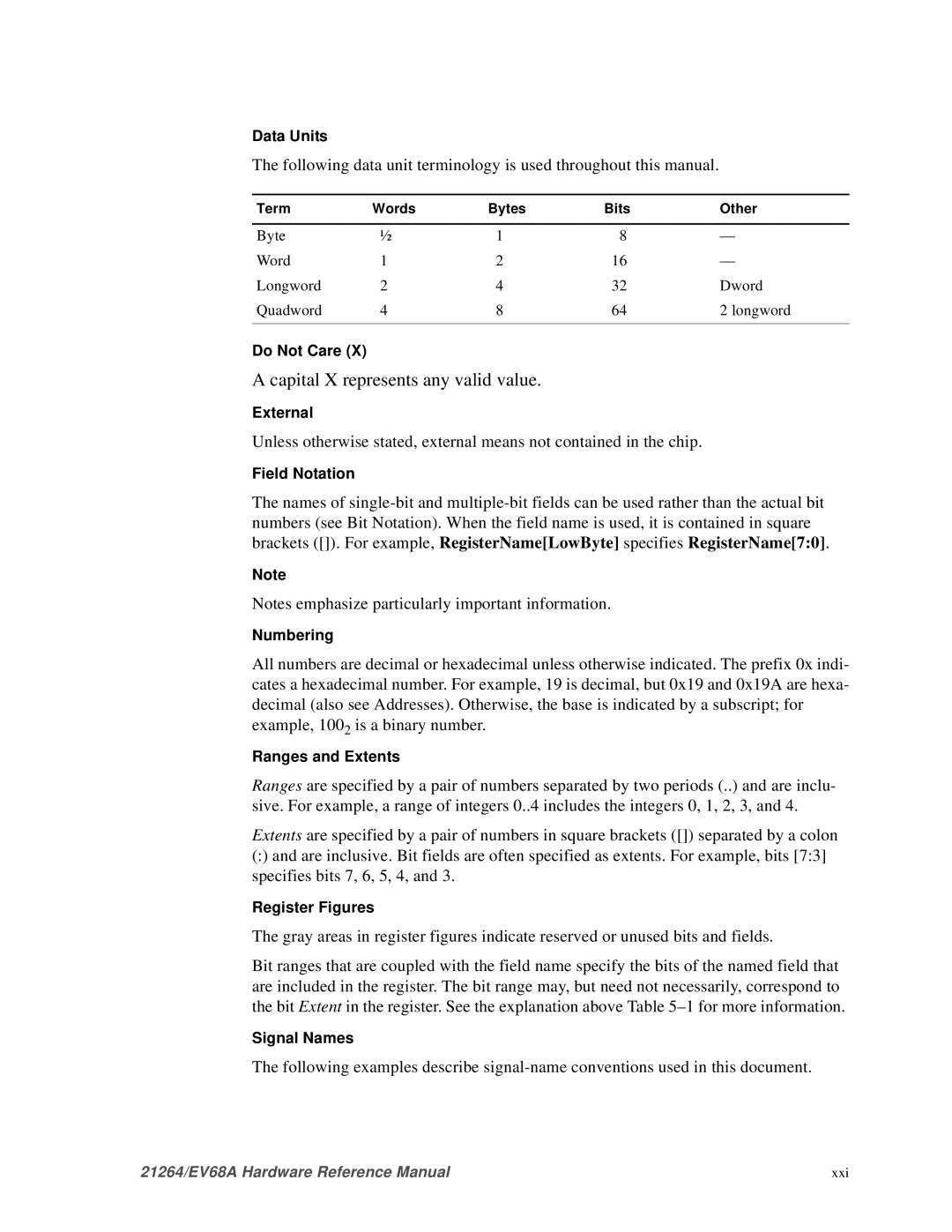 Compaq EV68A Data Units, Do Not Care, External, Field Notation, Numbering, Ranges and Extents, Register Figures 