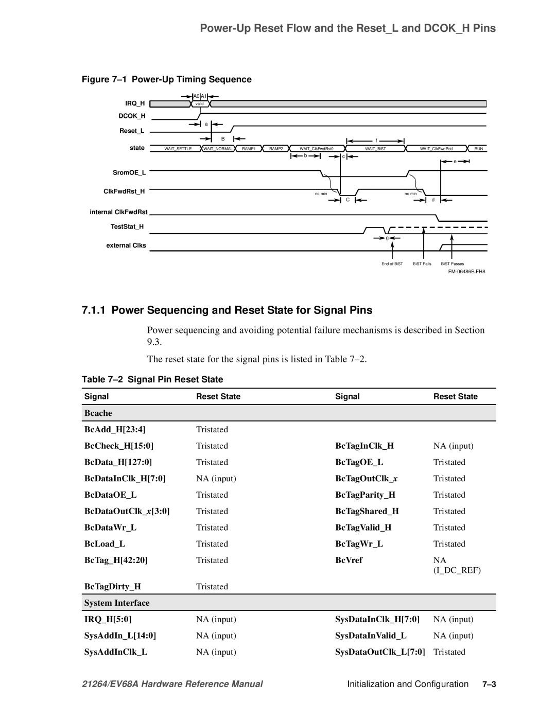 Compaq EV68A specifications Power Sequencing and Reset State for Signal Pins, Signal Pin Reset State 