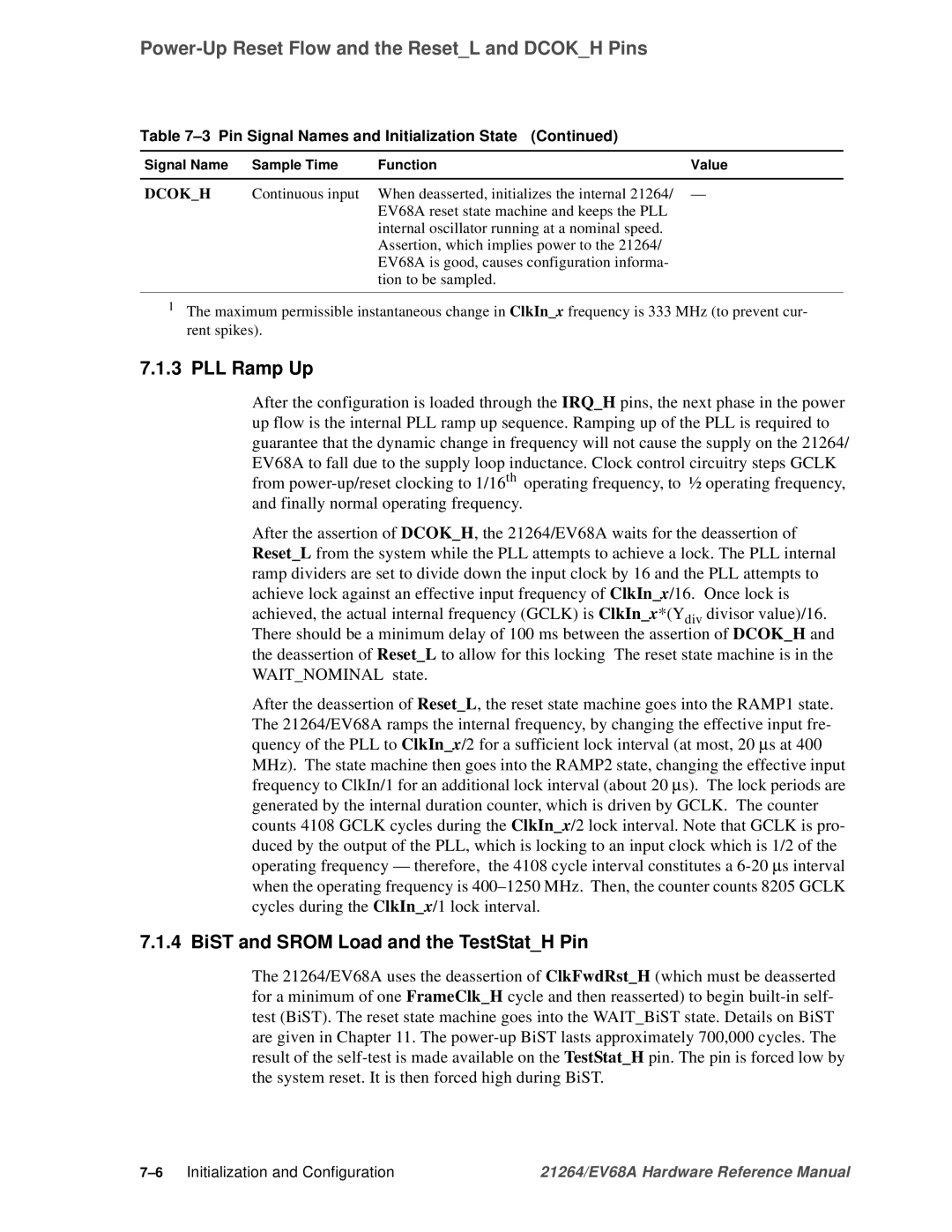 Compaq EV68A specifications PLL Ramp Up, BiST and Srom Load and the TestStatH Pin 