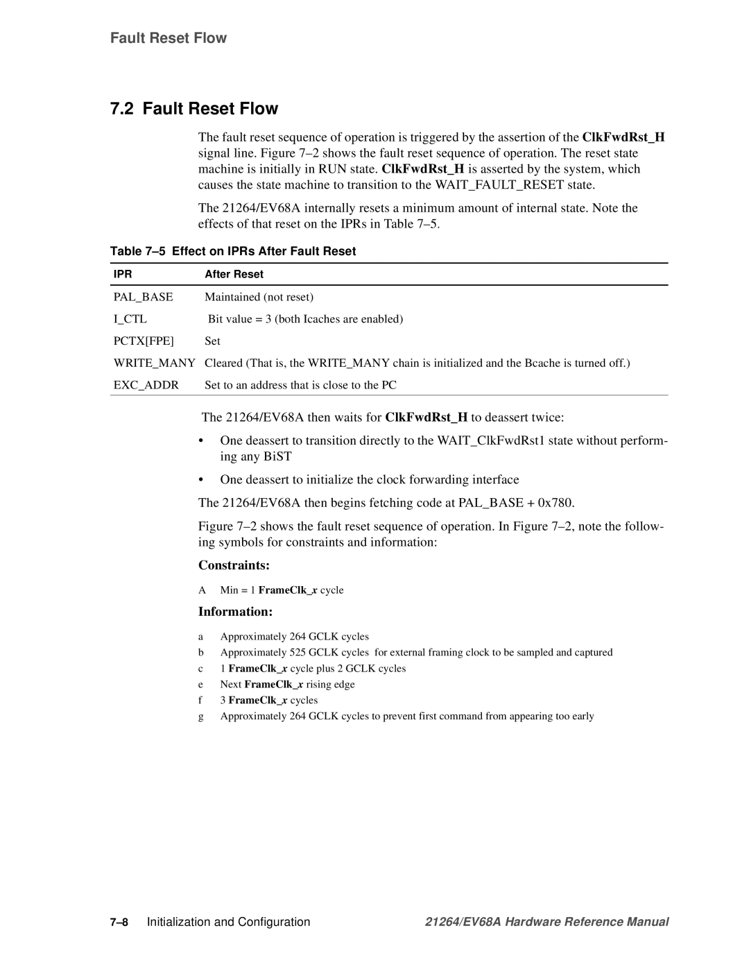 Compaq EV68A specifications Fault Reset Flow, Effect on IPRs After Fault Reset 