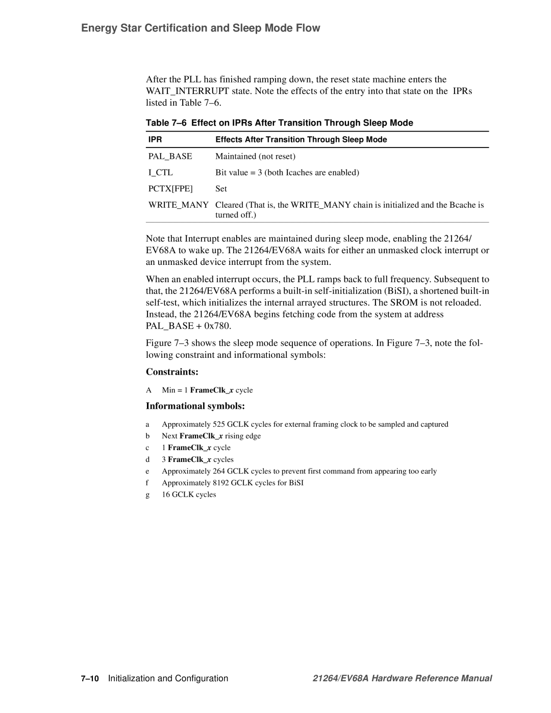 Compaq EV68A specifications Effect on IPRs After Transition Through Sleep Mode, 10Initialization and Configuration 