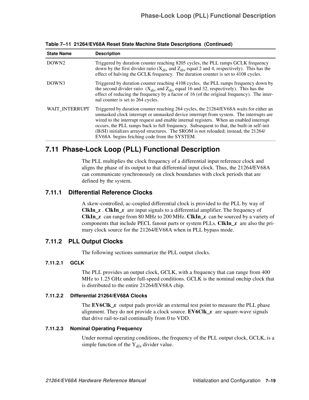 Compaq EV68A specifications Phase-Lock Loop PLL Functional Description, Differential Reference Clocks, PLL Output Clocks 