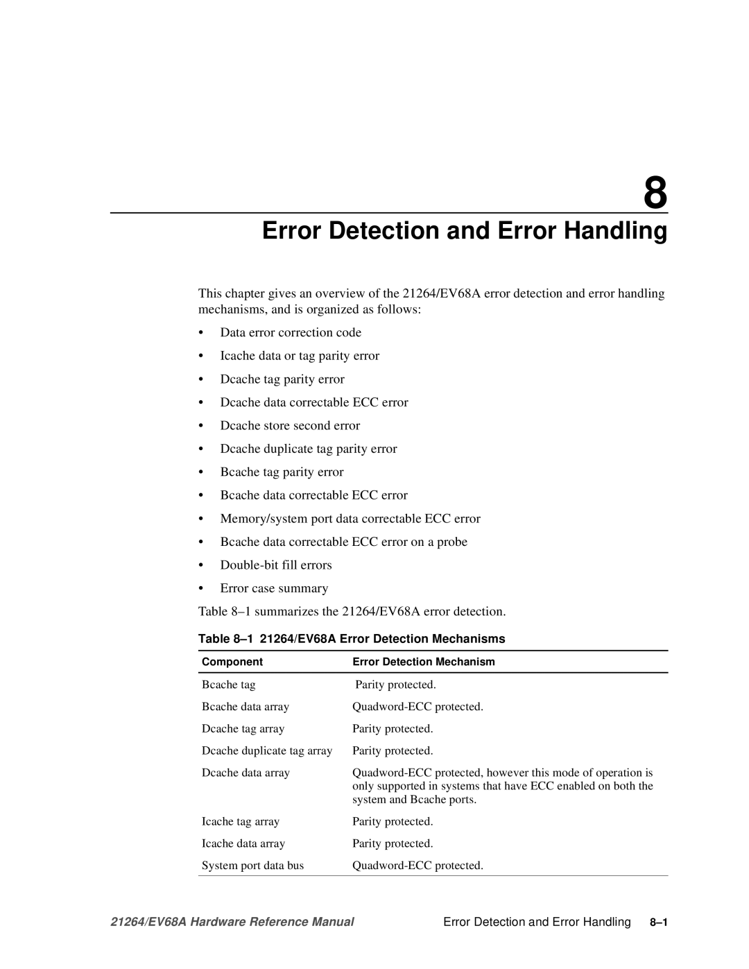 Compaq specifications Error Detection and Error Handling, 21264/EV68A Error Detection Mechanisms 