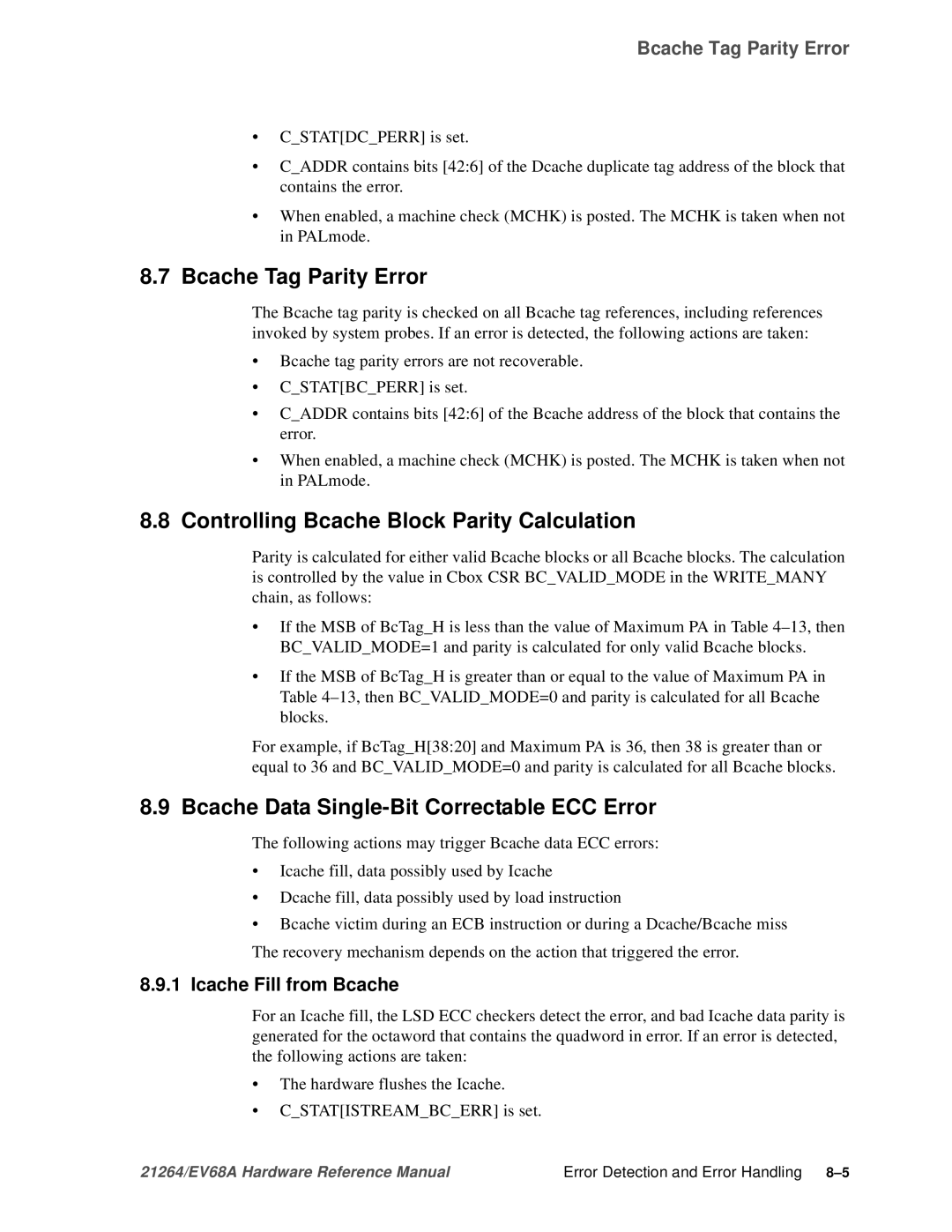 Compaq EV68A specifications Bcache Tag Parity Error, Controlling Bcache Block Parity Calculation, Icache Fill from Bcache 