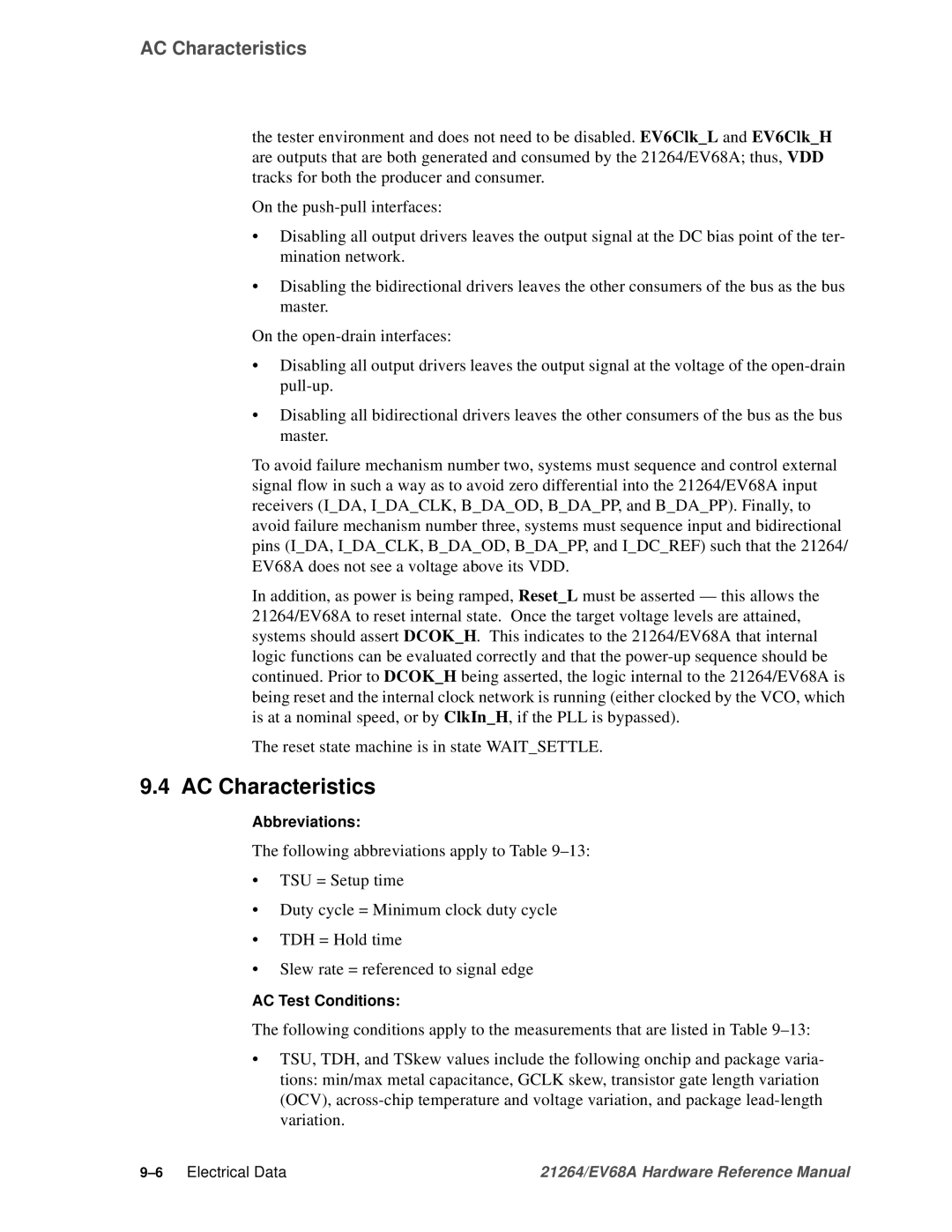 Compaq EV68A specifications AC Characteristics, AC Test Conditions 