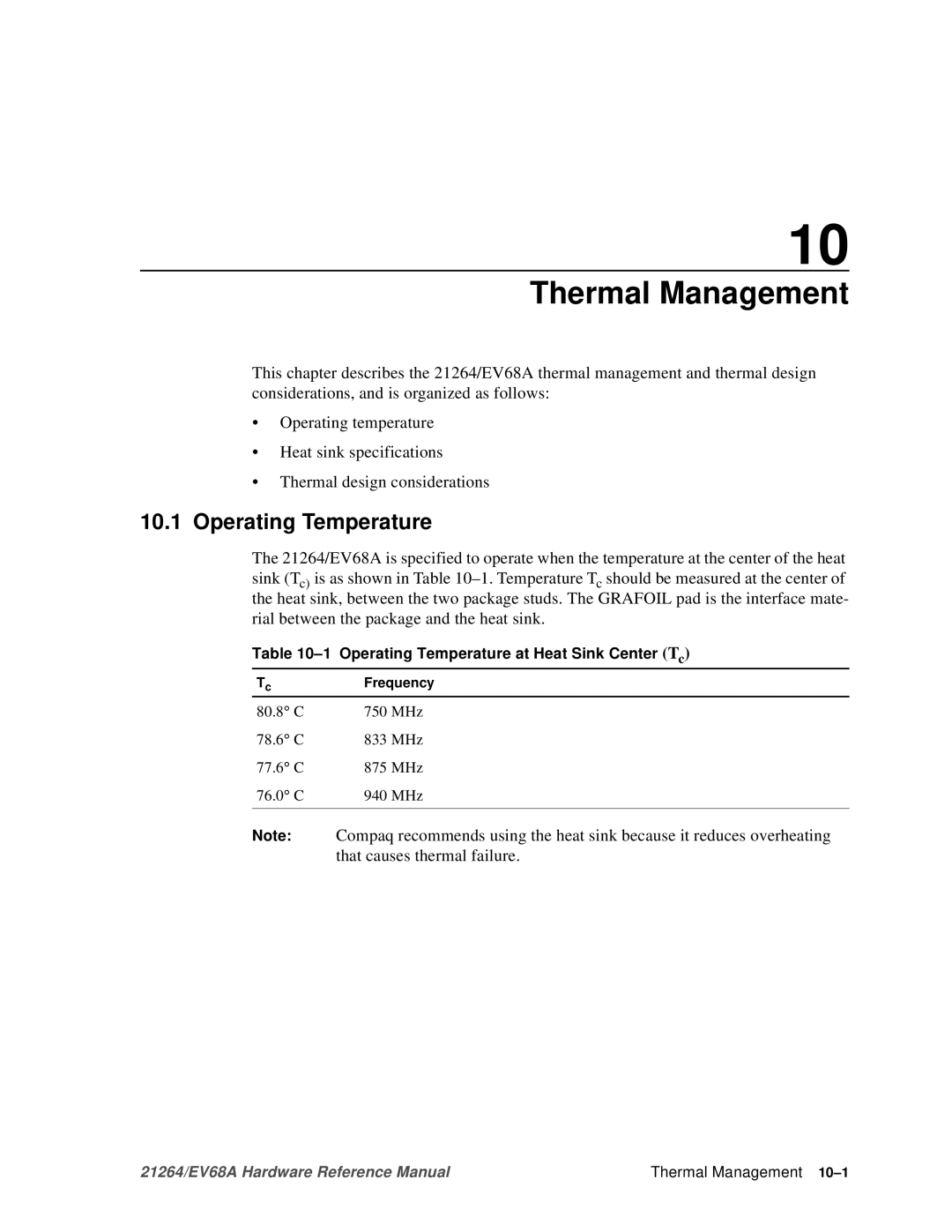 Compaq EV68A specifications Thermal Management, Operating Temperature, That causes thermal failure 