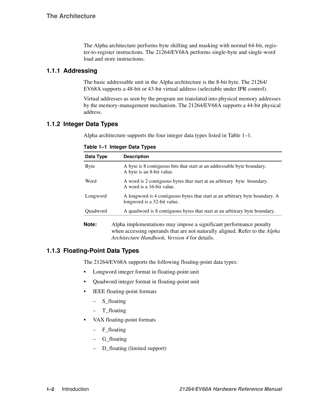 Compaq EV68A specifications Architecture, Addressing, Integer Data Types, Floating-Point Data Types 