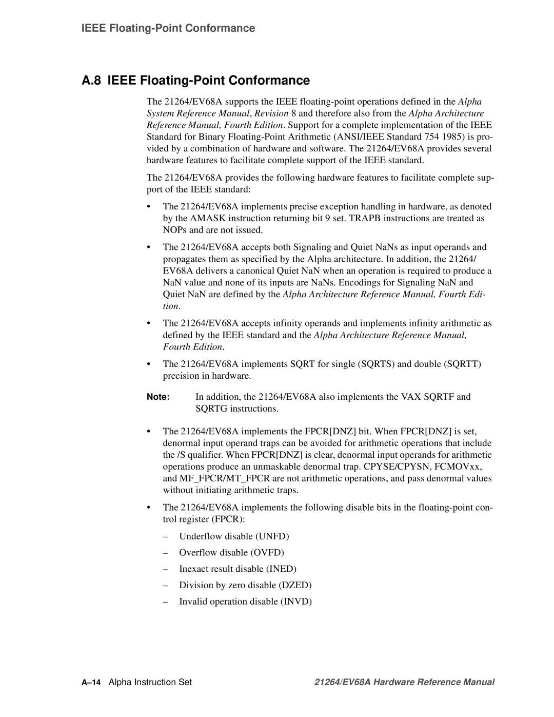 Compaq EV68A specifications Ieee Floating-Point Conformance, 14Alpha Instruction Set 