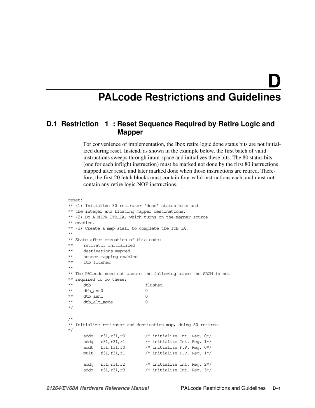 Compaq EV68A specifications PALcode Restrictions and Guidelines D-1 