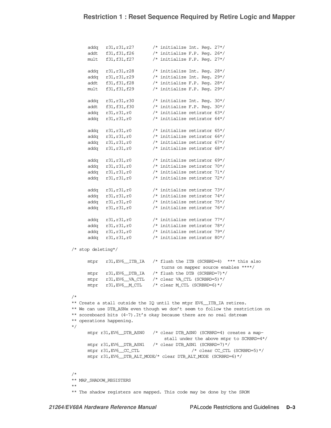 Compaq EV68A specifications PALcode Restrictions and Guidelines D-3 