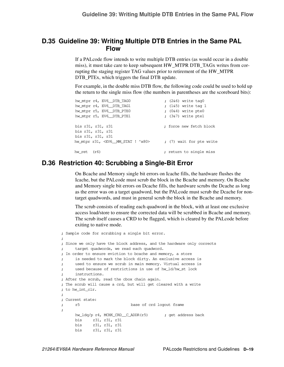 Compaq EV68A specifications Restriction 40 Scrubbing a Single-Bit Error, PALcode Restrictions and Guidelines D-19 