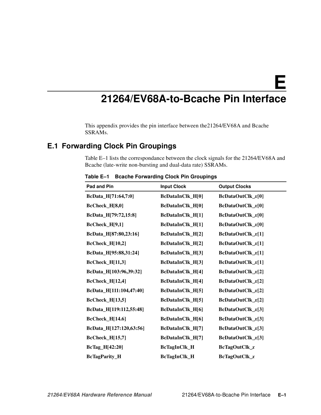 Compaq specifications 21264/EV68A-to-Bcache Pin Interface, Forwarding Clock Pin Groupings 