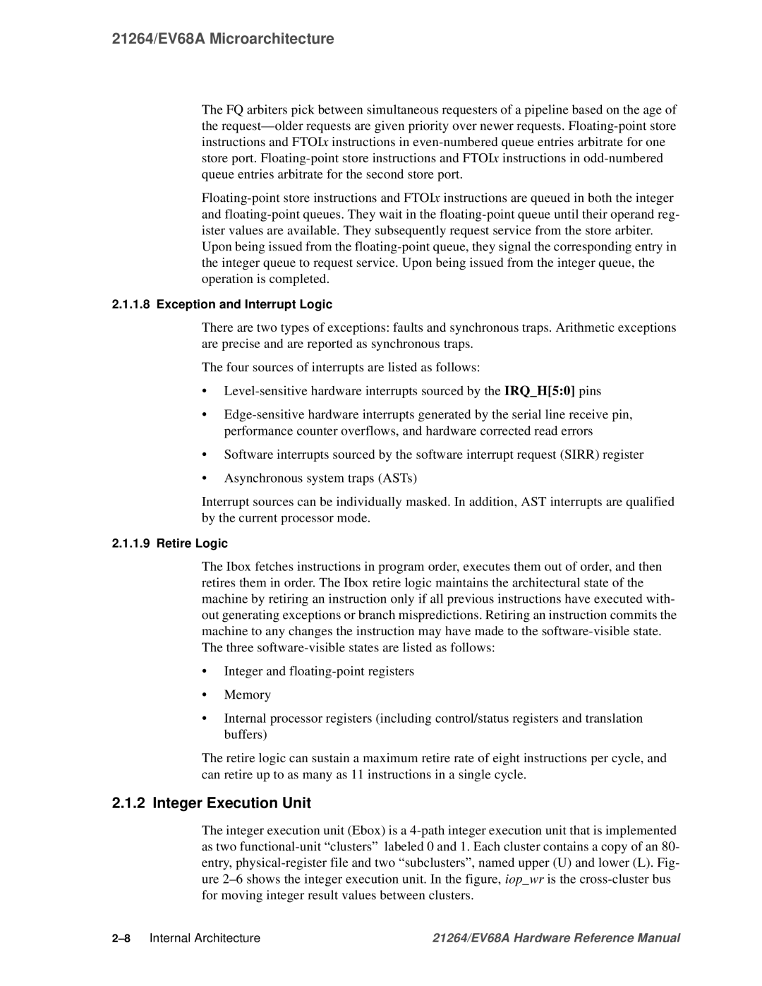 Compaq EV68A specifications Integer Execution Unit, Exception and Interrupt Logic, Retire Logic 