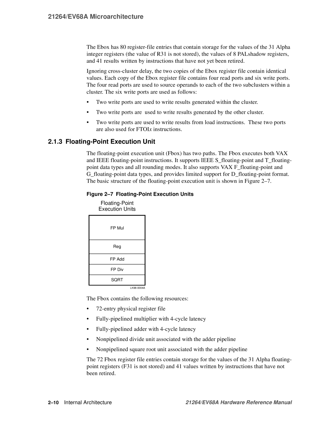 Compaq EV68A specifications Floating-Point Execution Unit, 10Internal Architecture 