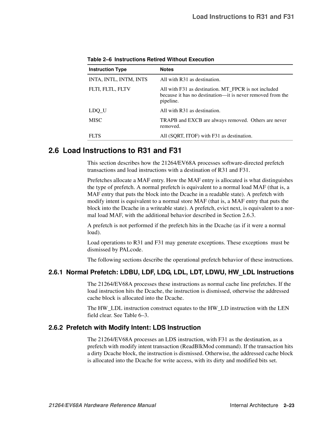 Compaq EV68A specifications Load Instructions to R31 and F31, Prefetch with Modify Intent LDS Instruction 