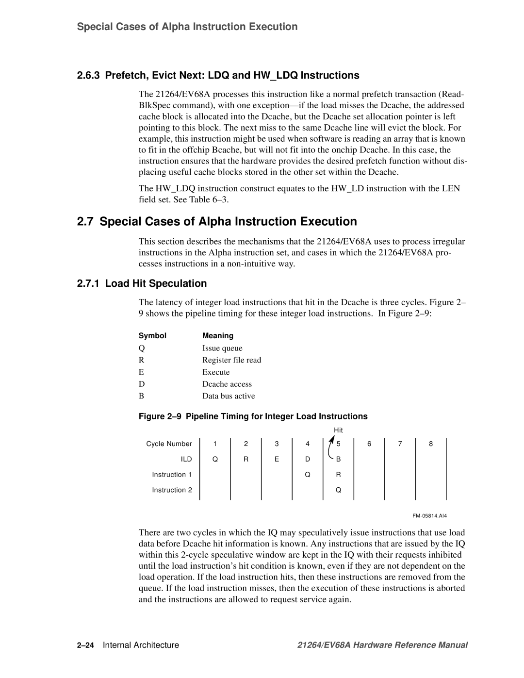 Compaq EV68A specifications Special Cases of Alpha Instruction Execution, Prefetch, Evict Next LDQ and Hwldq Instructions 