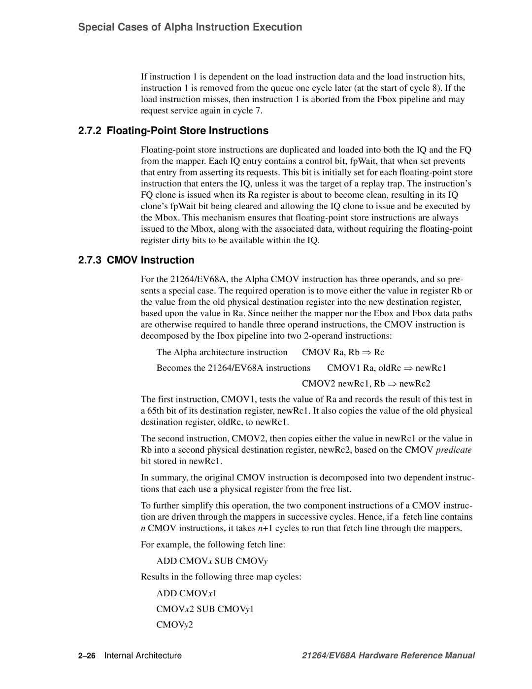 Compaq EV68A specifications Floating-Point Store Instructions, Cmov Instruction, 26Internal Architecture 