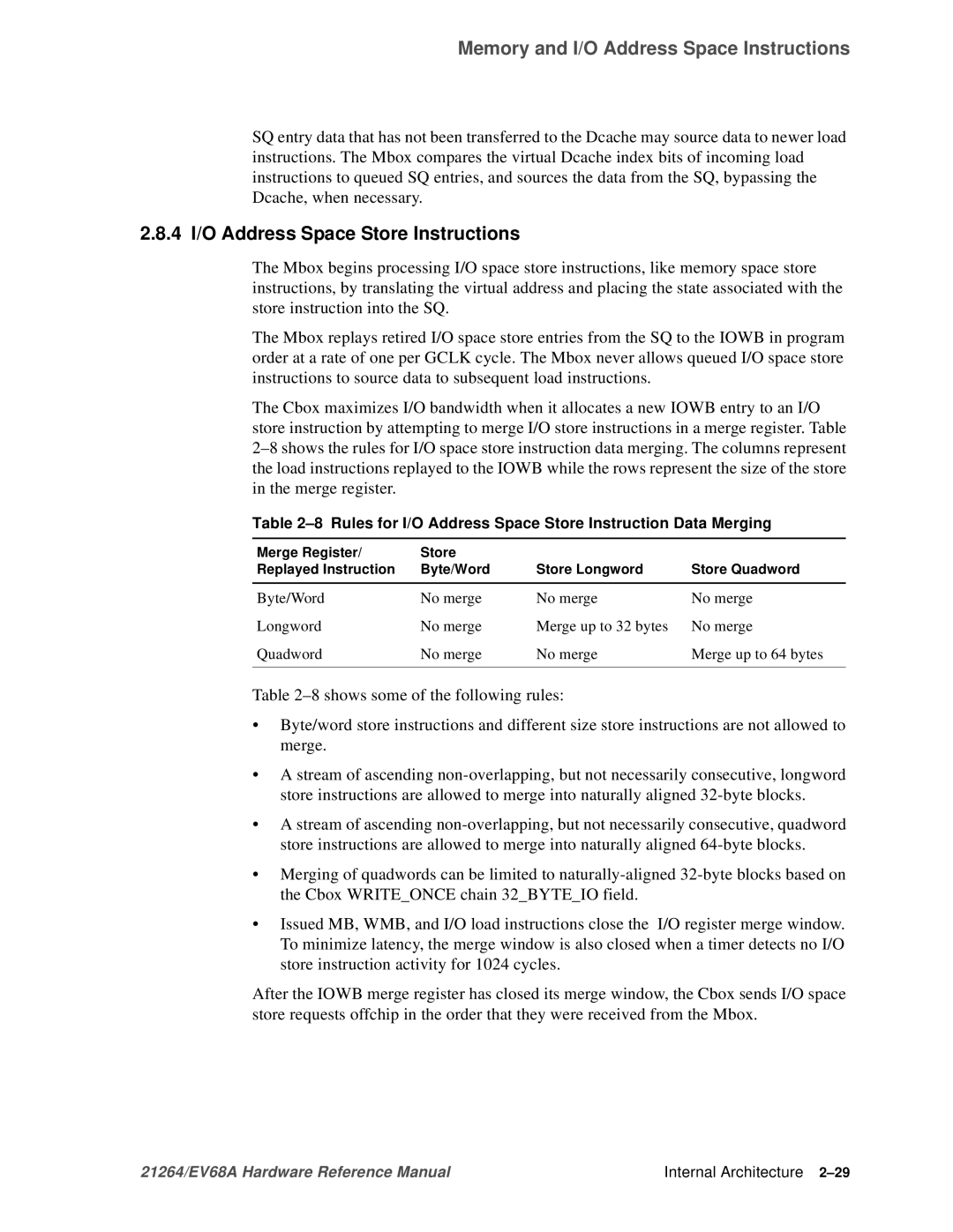 Compaq EV68A 4 I/O Address Space Store Instructions, Rules for I/O Address Space Store Instruction Data Merging 