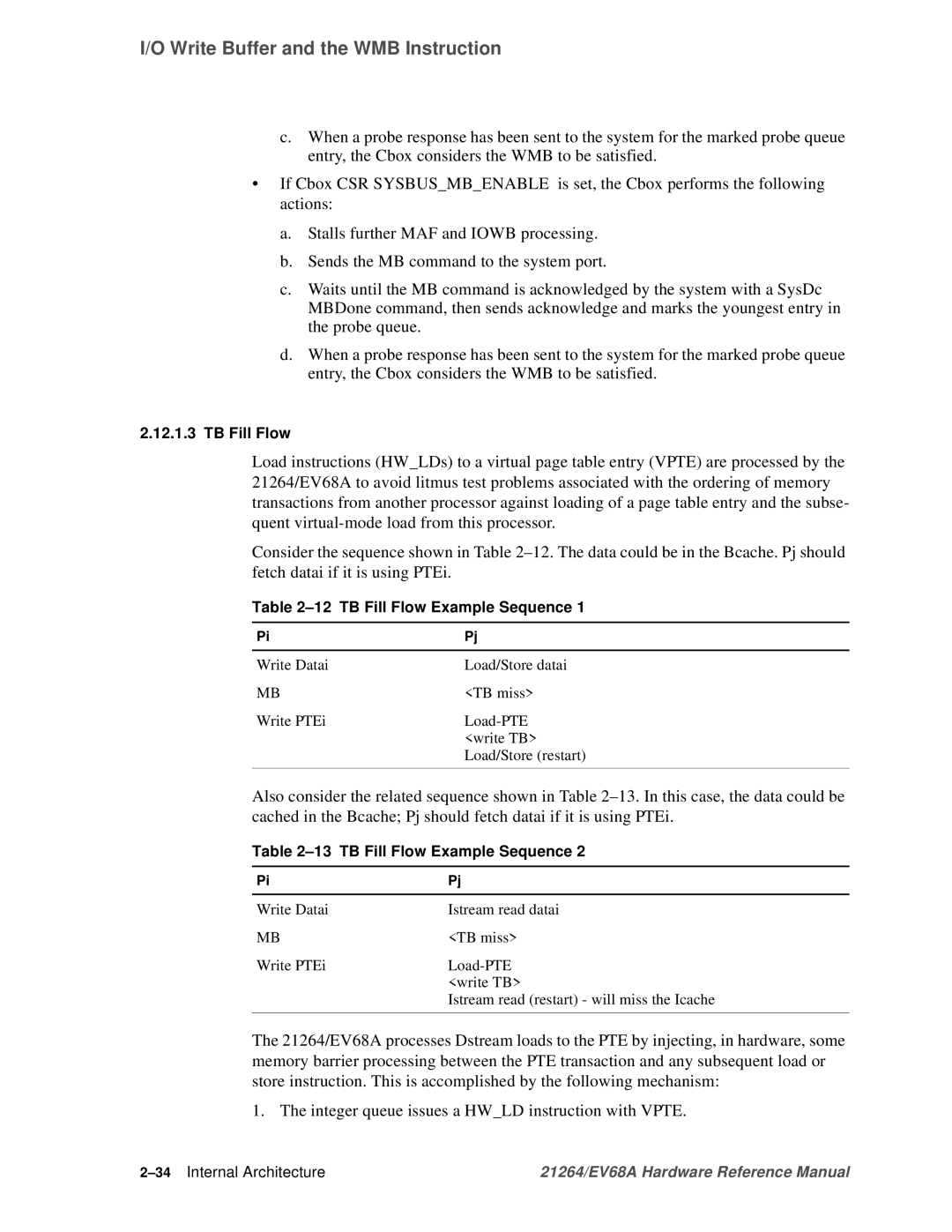 Compaq EV68A specifications TB Fill Flow Example Sequence, 34Internal Architecture 