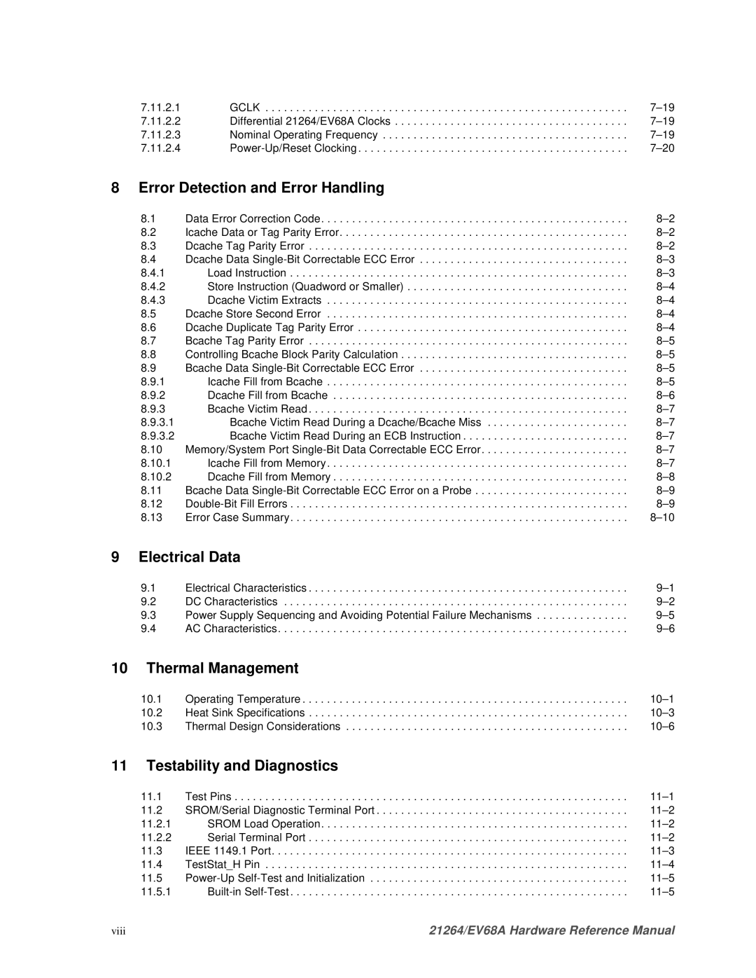 Compaq EV68A Error Detection and Error Handling, Electrical Data, Thermal Management, Testability and Diagnostics 