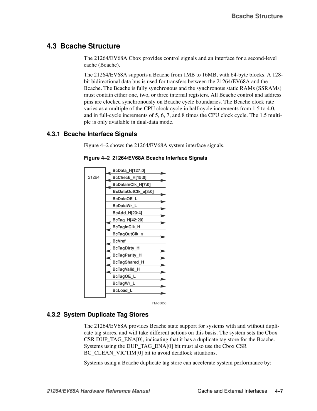 Compaq EV68A specifications Bcache Structure, Bcache Interface Signals, System Duplicate Tag Stores 