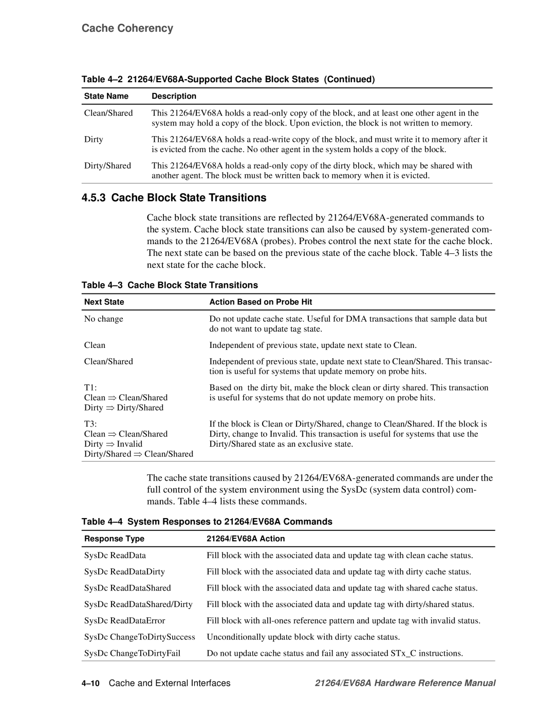 Compaq Cache Block State Transitions, Mands. -4lists these commands, System Responses to 21264/EV68A Commands 