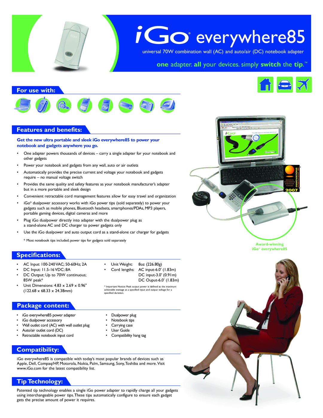 Compaq everywhere85 specifications Everywhere85, One adapter. all your devices. simply switch the tip 