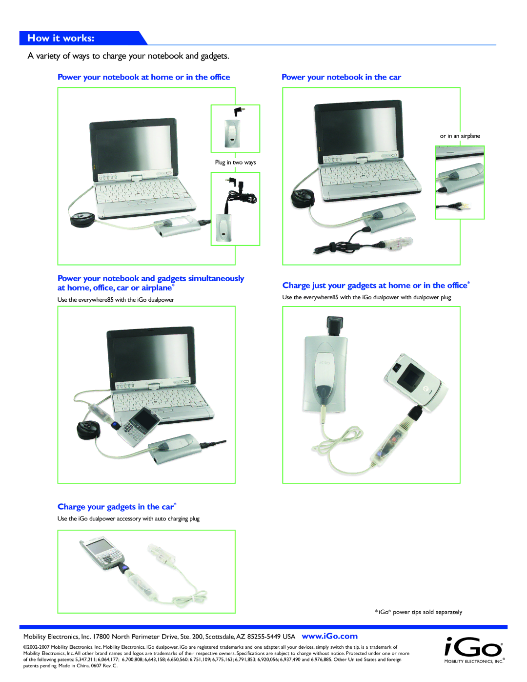 Compaq everywhere85 How it works, Variety of ways to chargeyour notebook and gadgets, Charge your gadgets in the car 