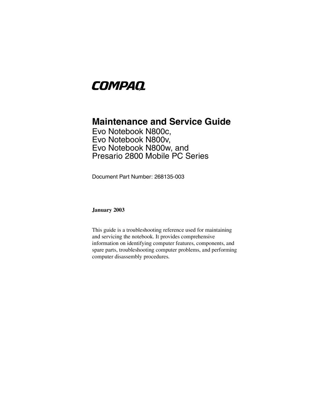 Compaq EVO M800c, EVO M800w, EVO M80v, N800v, N800C manual Maintenance and Service Guide 