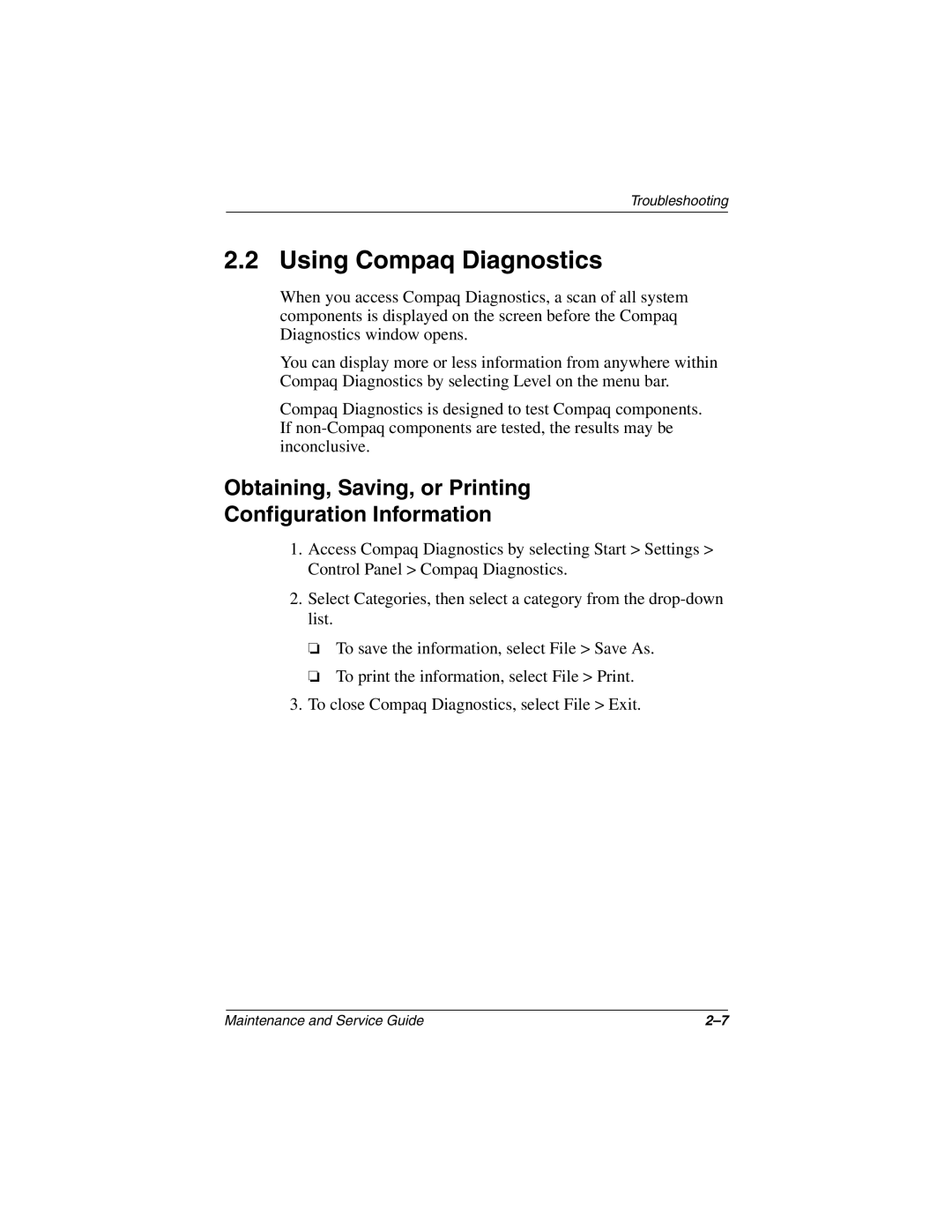 Compaq EVO M80v, EVO M800w, EVO M800c Using Compaq Diagnostics, Obtaining, Saving, or Printing Configuration Information 