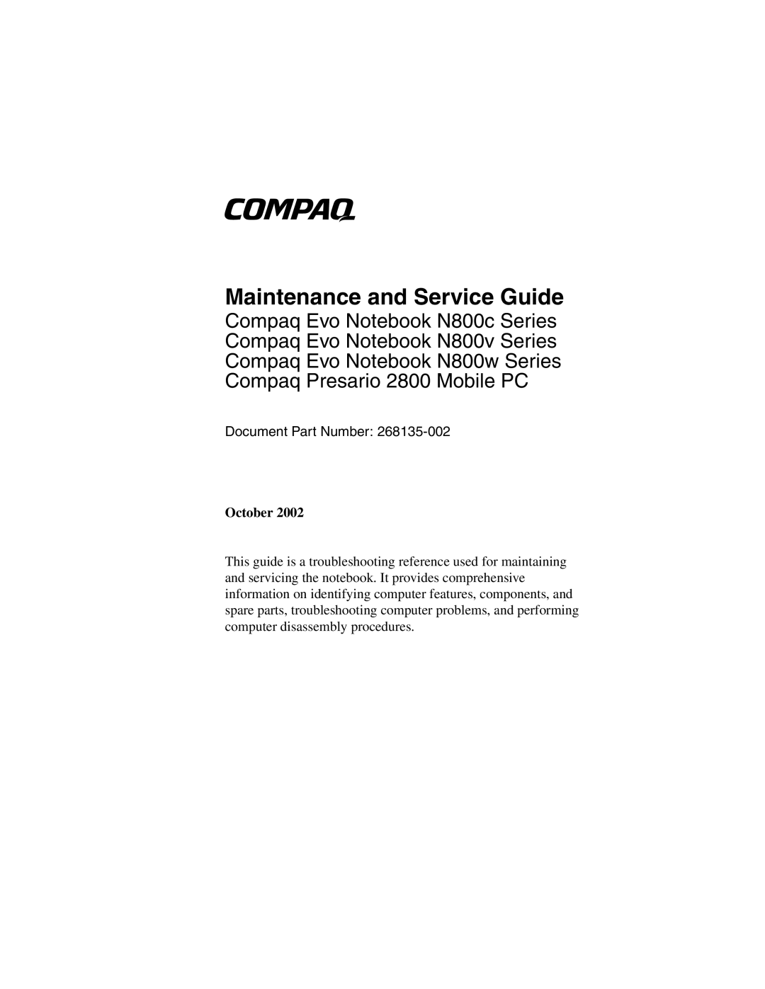 Compaq Evo N800w Series, Evo N800c Series, Evo N800v Series, Presario 2800 manual Maintenance and Service Guide 