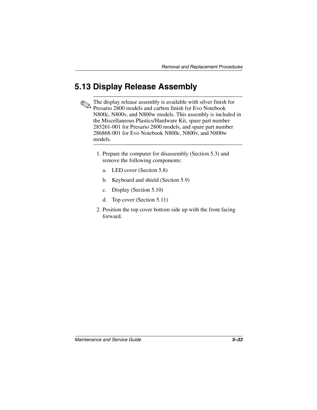 Compaq Presario 2800, Evo N800c Series, Evo N800w Series, Evo N800v Series manual Display Release Assembly 