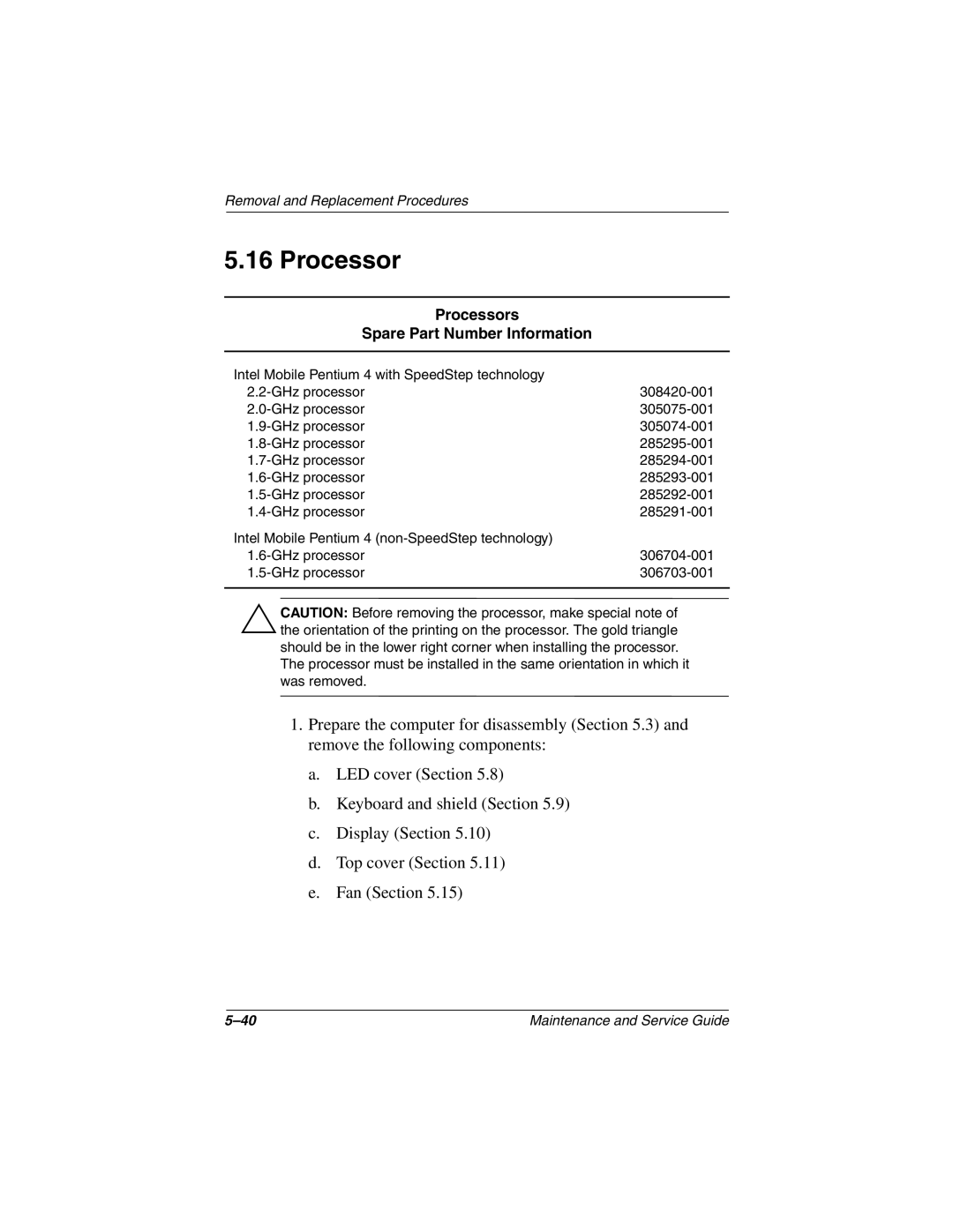 Compaq Evo N800v Series, Evo N800c Series, Evo N800w Series, Presario 2800 manual Processors Spare Part Number Information 