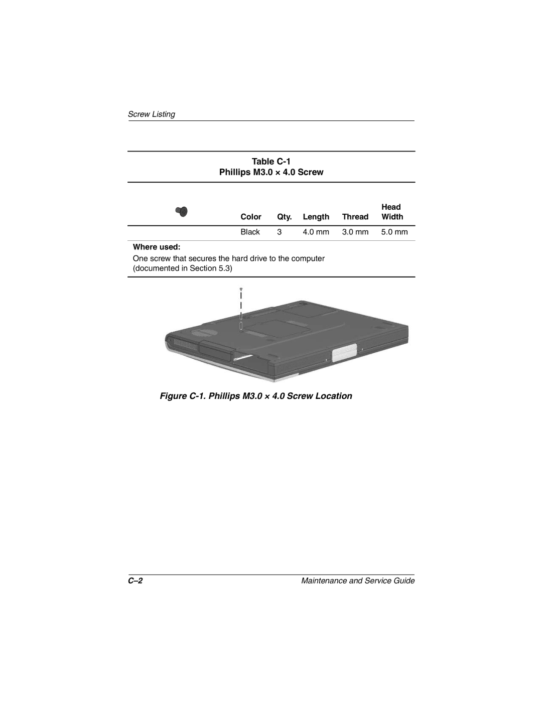 Compaq Evo N800v Series manual Table C-1 Phillips M3.0 × 4.0 Screw, Head, Color Qty Length Thread Width Black Where used 