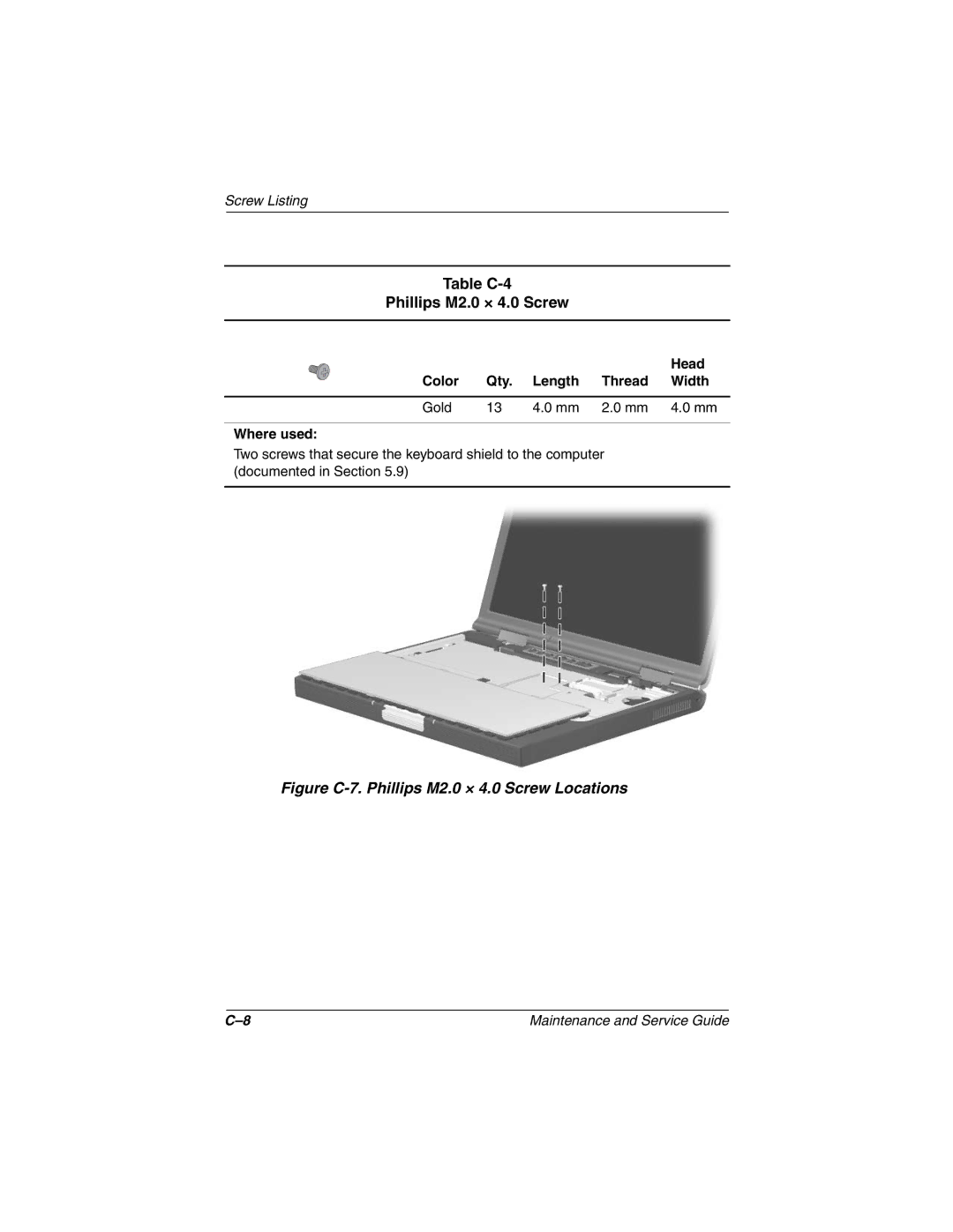 Compaq Evo N800c Series, Presario 2800 Table C-4 Phillips M2.0 × 4.0 Screw, Color Qty Length Thread Width Gold Where used 