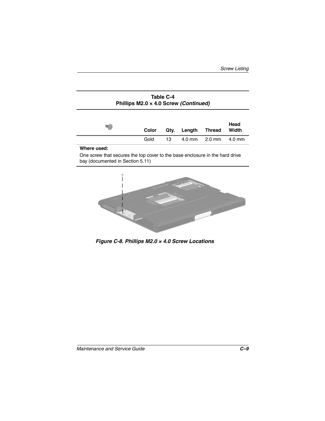 Compaq Evo N800w Series, Evo N800c Series, Evo N800v Series, Presario 2800 Figure C-8. Phillips M2.0 × 4.0 Screw Locations 