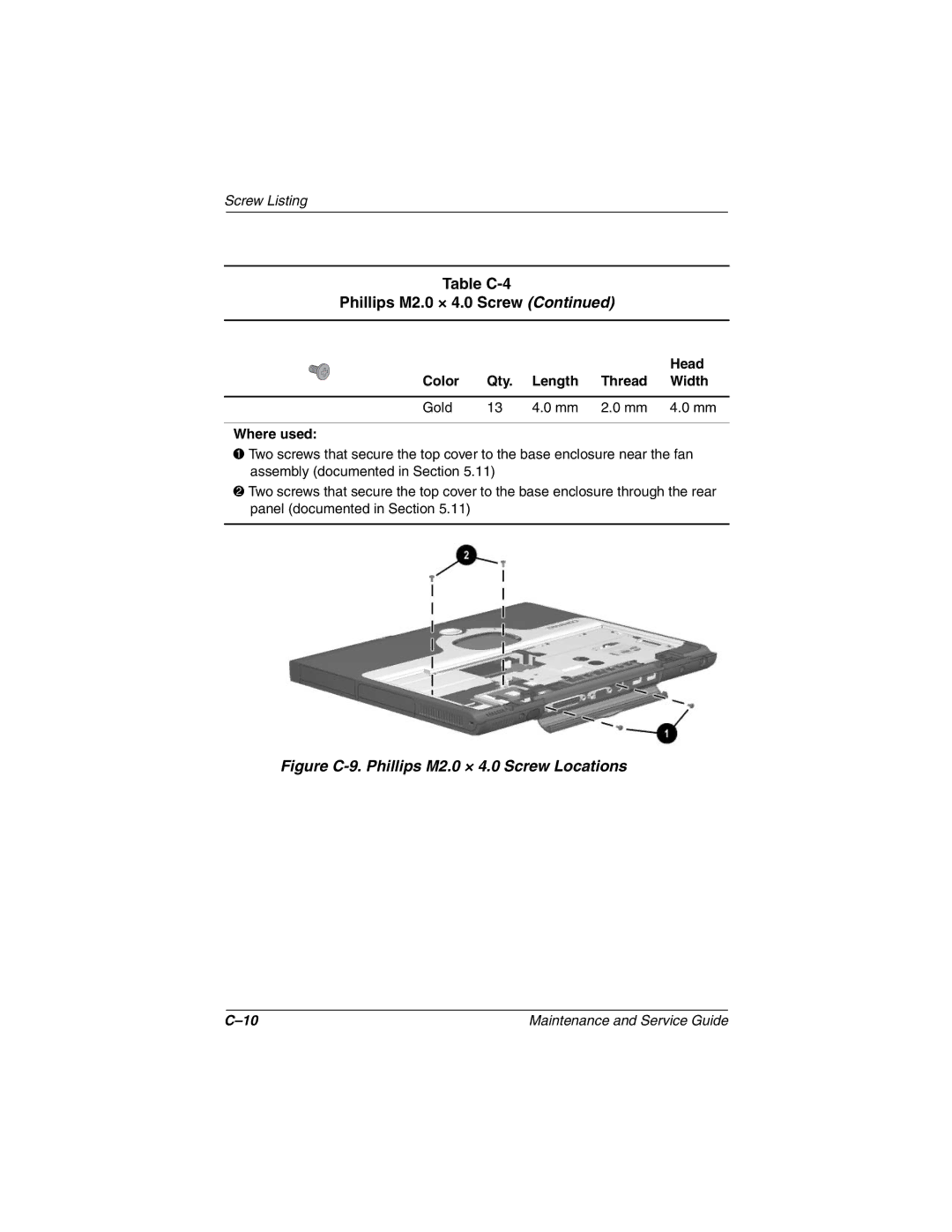 Compaq Evo N800v Series, Evo N800c Series, Evo N800w Series, Presario 2800 Figure C-9. Phillips M2.0 × 4.0 Screw Locations 