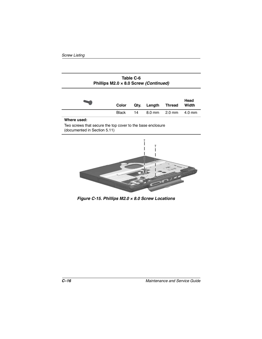 Compaq Evo N800c Series, Evo N800w Series, Evo N800v Series, Presario 2800 Figure C-15. Phillips M2.0 × 8.0 Screw Locations 