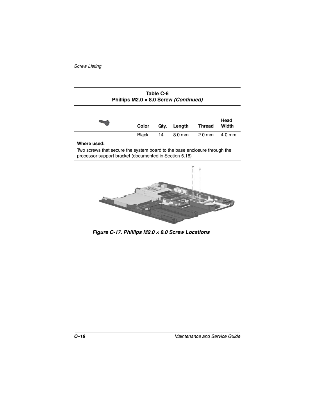 Compaq Evo N800v Series, Evo N800c Series, Evo N800w Series, Presario 2800 Figure C-17. Phillips M2.0 × 8.0 Screw Locations 