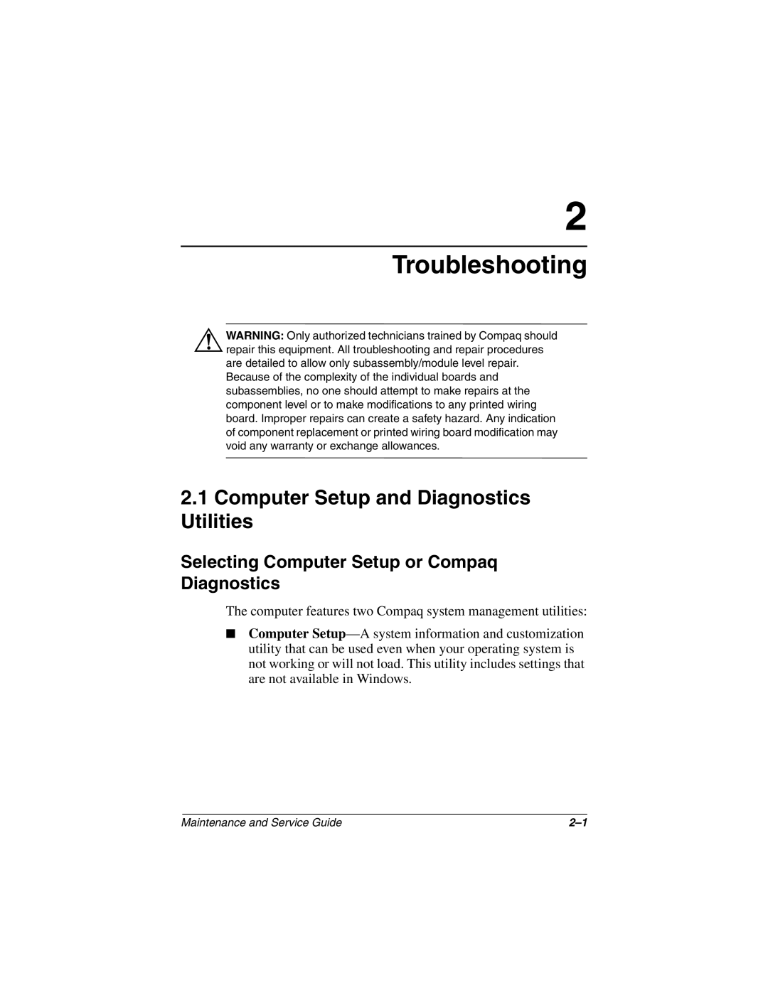 Compaq Evo N800v Series, Evo N800c Series, Evo N800w Series manual Troubleshooting, Computer Setup and Diagnostics Utilities 