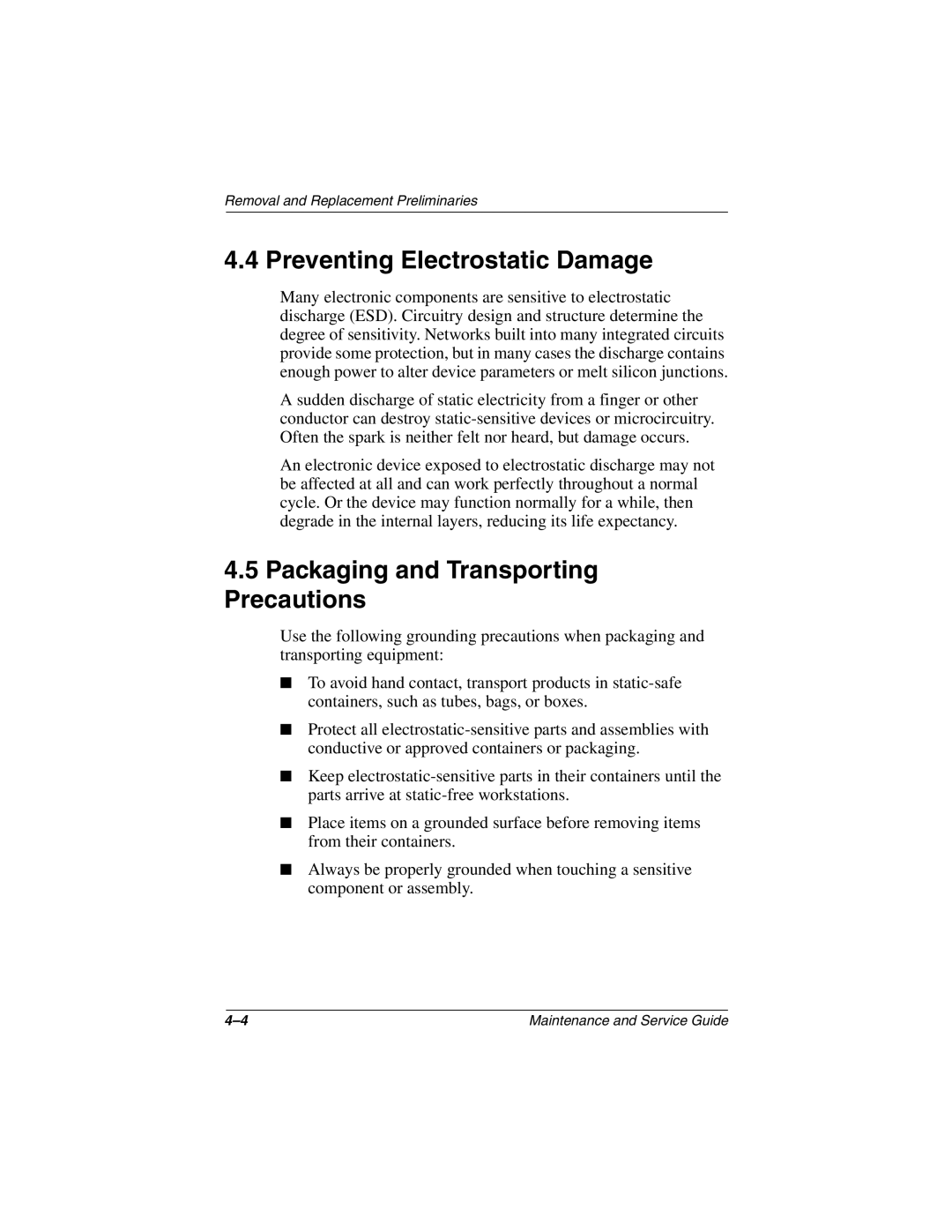 Compaq Evo N800v Series, Evo N800c Series manual Preventing Electrostatic Damage, Packaging and Transporting Precautions 