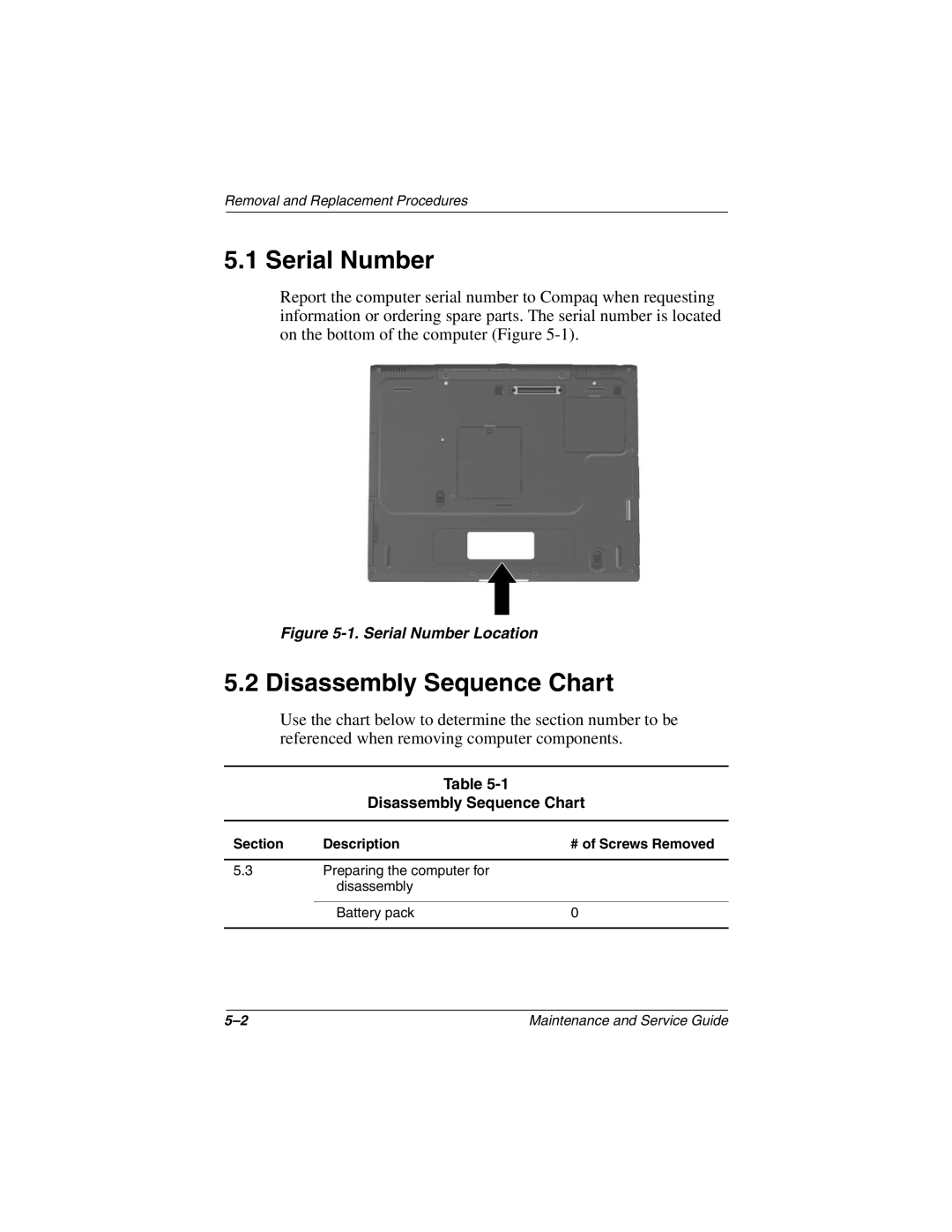 Compaq Evo N800c Series, Presario 2800 Serial Number, Disassembly Sequence Chart, Section Description # of Screws Removed 