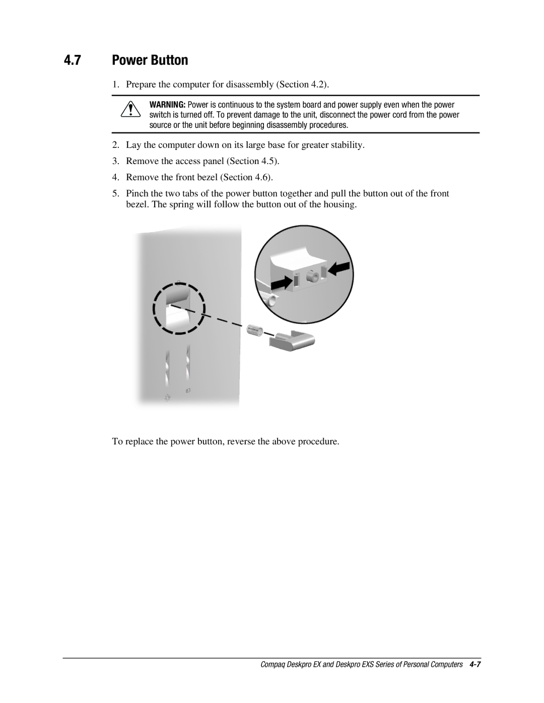 Compaq EXS Series, EX Series manual Power Button 