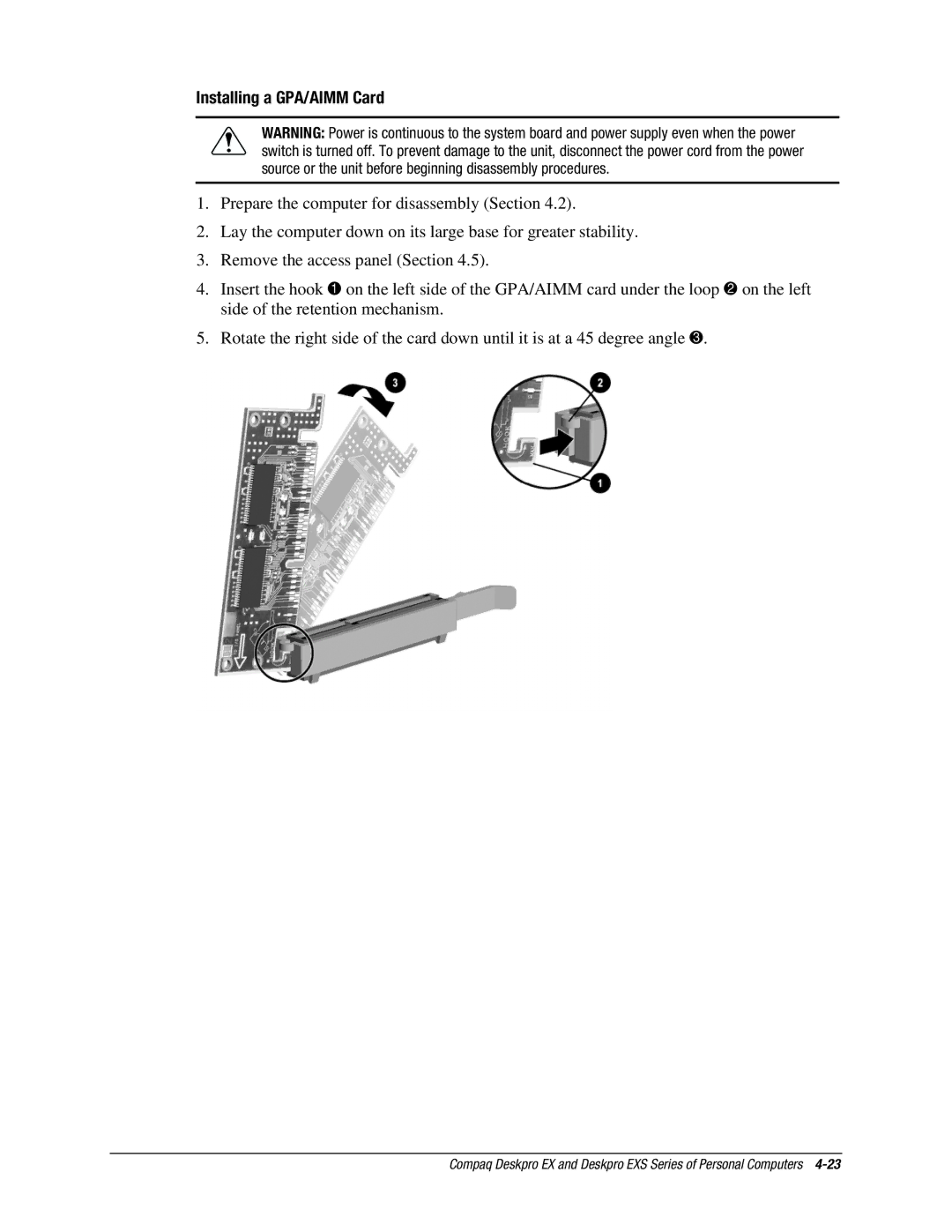 Compaq EXS Series, EX Series manual Installing a GPA/AIMM Card 