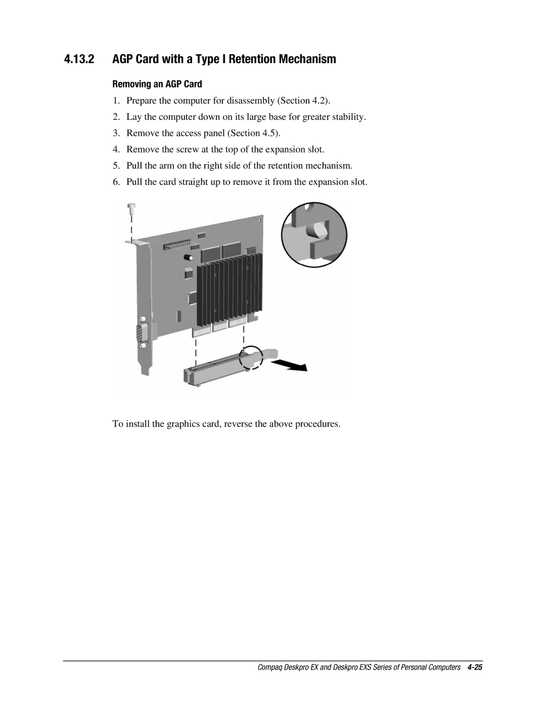 Compaq EXS Series, EX Series manual AGP Card with a Type I Retention Mechanism, Removing an AGP Card 